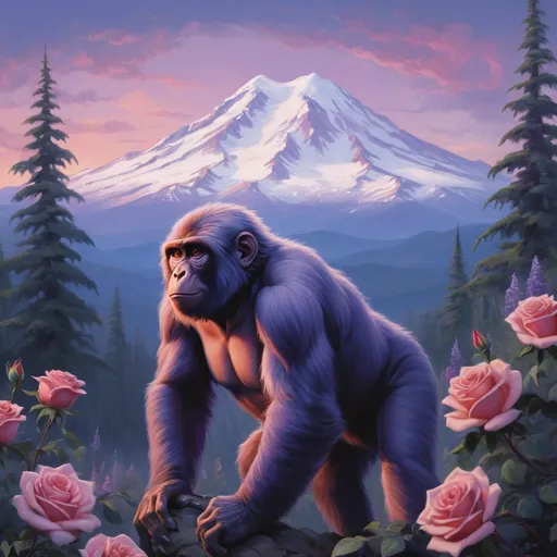 Prompt: a juvenile lost ape trying to climb Mount Shasta in California. The surroundings is filled with roses and apple trees