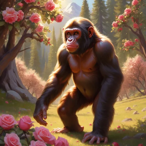 Prompt: a young ape lost ape trying to climb Mount Shasta in California. The surroundings is filled with roses and apple trees.  make him holding an apple in his hand. add some roses