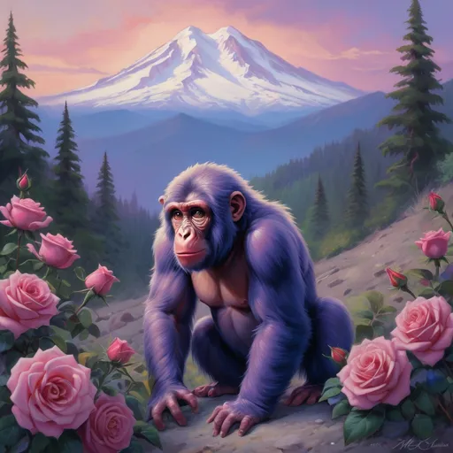 Prompt: a juvenile lost ape trying to climb Mount Shasta in California. The surroundings is filled with roses and apple trees