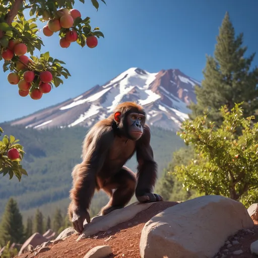 Prompt: a young ape lost ape trying to climb Mount Shasta in California. The surroundings is filled with roses and apple trees.  make him holding an apple in his hand
