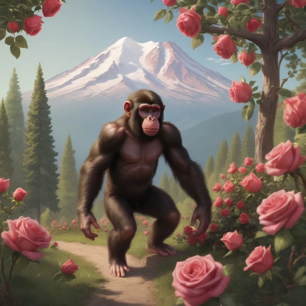 Prompt: a young ape lost ape trying to climb Mount Shasta in California. The surroundings is filled with roses and apple trees.  make him holding an apple in his hand. add some roses