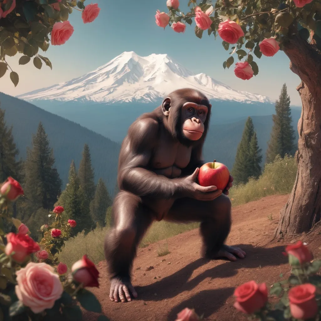 Prompt: a young ape lost ape trying to climb Mount Shasta in California. The surroundings is filled with roses and apple trees.  make him holding an apple in his hand. add some roses