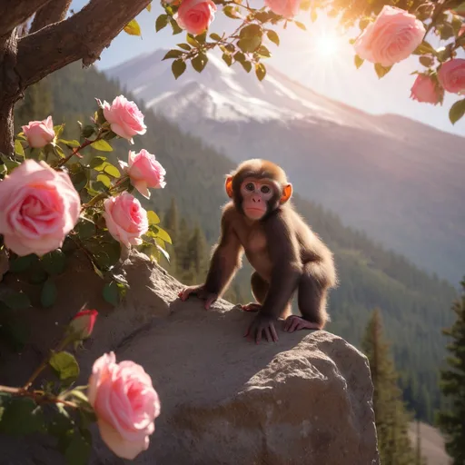 Prompt: a very young ape lost ape trying to climb Mount Shasta in California. The surroundings is filled with roses and apple trees.  make holding an apple in his hand