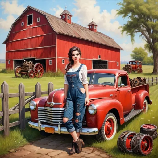 Prompt: whimsy oil painting style red barn old tattered and vintage with cogs and wheels, near cobblestone brick path, victorian vintage elements, with beautiful young woman with flawless makeup wearing steampunk overalls with vintage steampunk pickup truck and laundry hanging on the line in the grassy knoll with vintage fence 