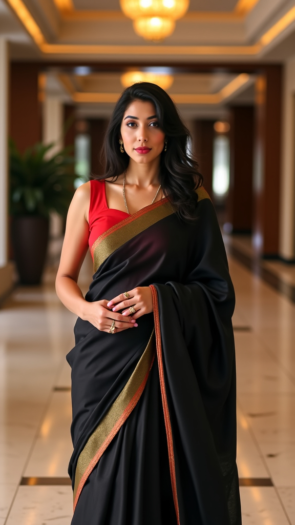 Prompt: A woman fair skin pink lips black hair brown eyes 25year old Wearing a black silk saree with red sleeveless blouse standing in the luxury lobby 