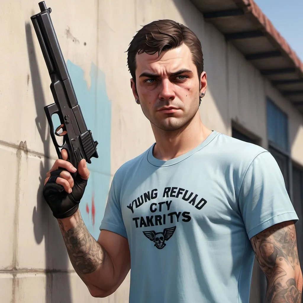 Prompt: Hyper Realistic, GTA 5, Young man, 25 years old, middle size nose, handsome, white guy, sport car in background, man standing next to the wall, light blue t-shirt, dark blue trousers, mask on face, light blue eyes, short hair, dark Brown hair, no beard, tattos on hands, Blood around, gun on the back, city life