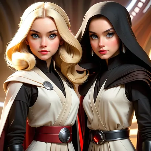 Prompt: a full-length portrait of young female twins in the Star Wars universe. the Jedi has blonde hair and the Sith has black hair