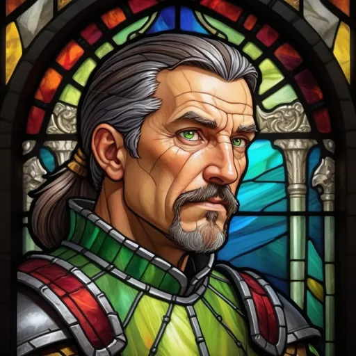 Prompt: A middle-aged man, dark and slightly gray hair, a ponytail, but the tail itself is sharp and not neat, a Fu Manchu mustache, green eyes, he himself is dressed in light guard armor with a tabard