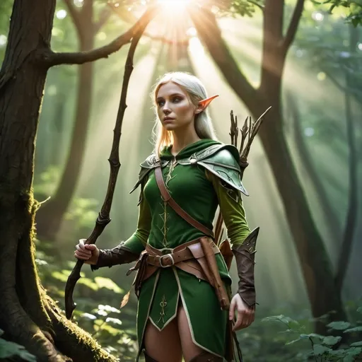 Prompt: Elf ranger in a mystical forest around sunlight