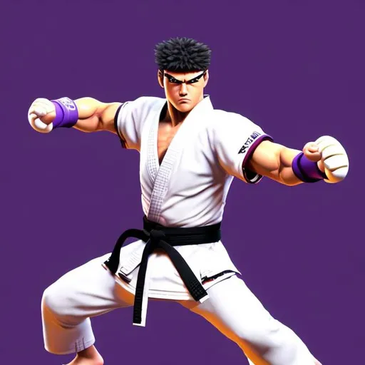 Prompt: Generic Ryu or ken from Street Fighter, short hair, dressed in Purple karate uniform with black belt, white background 