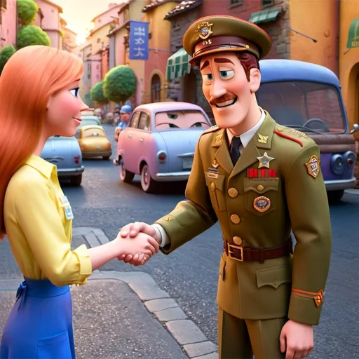 Prompt: a soldier shaking hands with a civilian businesswoman
