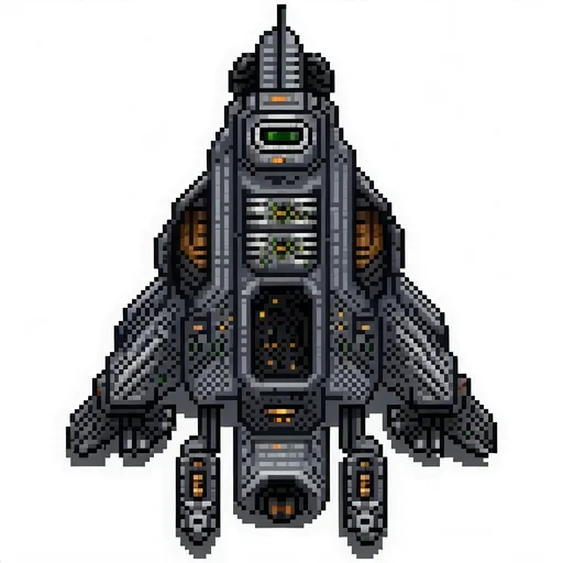 Prompt: futuristic sci-fi spaceship, (top-down view), (2D), (pixel art style), (ultra-realistic game aesthetics), ((no shadows)), ((shadowless)), (symmetrical), dark color scheme, grey base with golden accents, high detail, vibrant pixel colors, a sleek and beautiful design accentuating the ship's advanced technology, set against a rich, matte black background for a striking contrast.