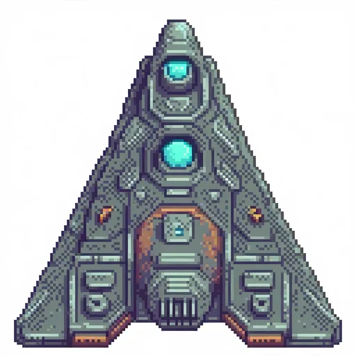 Prompt: 2D spaceship, (top-down view), (pixel art style), (ultra-realistic game aesthetics), vibrant colors on solid color background, (well-defined triangular shape), (highly detailed), retrogame feel, intricate design made of basic shapes, dynamic and realisticatmosphere, (4K), ultra-detailed pixel graphics