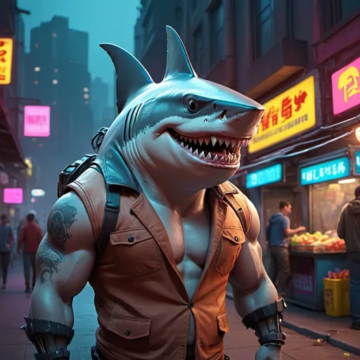 Prompt: anthropomorphic shark wearing cyberpunk street vendor, realistic, muscular, human proportions, on the streets of Night City, huge grin, lots of scars, cyberpunk,  high definition, professional Pixar, Disney, concept art, 3d digital art, Maya 3D, ZBrushCentral 3D shading, bright colored background, radial gradient background, cinematic, Reimagined by industrial light and magic, 4k resolution post processing