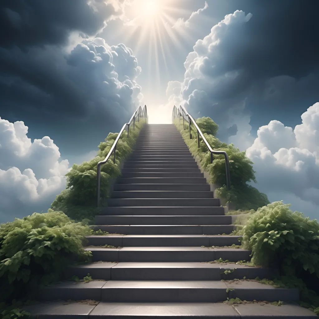 Prompt: A hyper-realistic, Extremely high quality, high detail, 8k, high resolution, professional photography, Ultra HD, RAW color photo, cinematic digital illustration, photographic scene of a stairway to heaven.
