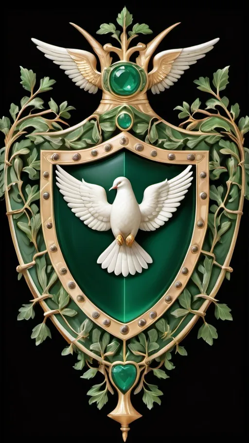 Prompt: Shield: At the heart of the design is a lustrous emerald shield, representing growth and abundance, framed by four wands arranged in a stable square. Surrounding these wands are floral garlands that embody the spirit of joy and community.  
Supporters: Two graceful doves grace either side of the shield, symbolizing peace and harmony. With olive branches in their beaks, they reinforce themes of unity and well-being.  
Crest: A radiant laurel crown crowns the shield, signifying victory and celebration, and emphasizing the card's connection to joyous milestones.  
Compartment: The base features a lush garden scene adorned with vibrant flowers and winding vines, showcasing the richness of communal bonds. Gentle butterflies flit about, symbolizing transformation and collective growth.  
Motto Ribbon: Beneath, a golden ribbon unfurls with the inscription "Gaudium Communitas" (Joy in Community), capturing the essence of the card and celebrating the strength found in unity.  
This heraldic design seamlessly merges tradition with vivid symbolism, beautifully reflecting the themes of celebration, harmony, and community represented by the Four of Wands.