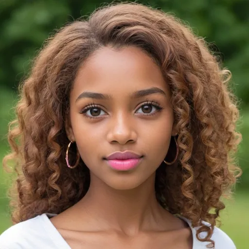 Prompt: Create a girl half British half Nigerian with curly chestnut brown hair hazel eyes and slender slightly upturned nose and pink lips and her name is Ezinne 