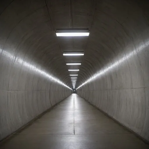Prompt: an endless concrete tunnel with overhead lights