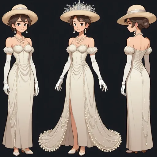 Prompt: 
Character reference sheet, 2D, cartoony, studio ghibli style, intricate dress, long dress, pearls, jewelry, hat, gloves, updo, fancy, regal, glowing