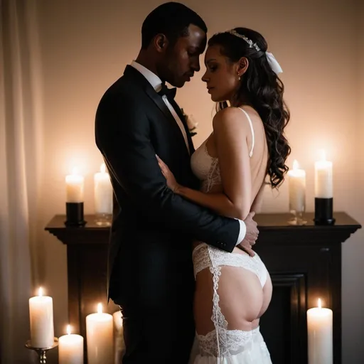Prompt: white bride, black husband, romantic lighting, dark suit, white underwear, lace, bows, candles