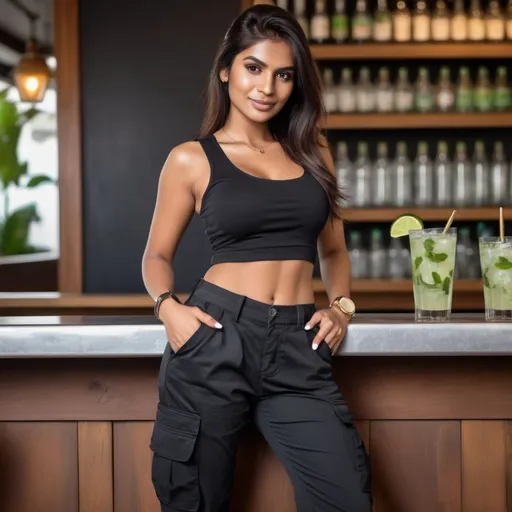 Prompt: Sri Lankan, brown haired female with a defined square  shaped head with dimples and perfect body shape wearing a black  half blows and black cargo pants with sneaker leaning on a bar with a glass of mojito in hand and a gold watch on.