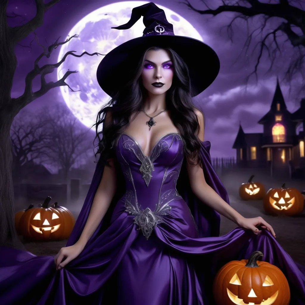 Prompt: Very cool witch), long flowing dark hair, captivating light hazel eyes, dressed in an elegant purple gown with silver accents, surrounded by mystical Halloween imagery, full moon glowing in the night sky, ominous shadows, glowing jack-o'-lanterns illuminating the scene, enchanting ambiance, vivid colors, cinematic atmosphere, ultra-detailed, high contrast, magical realism, evokes a sense of wonder and mystery.