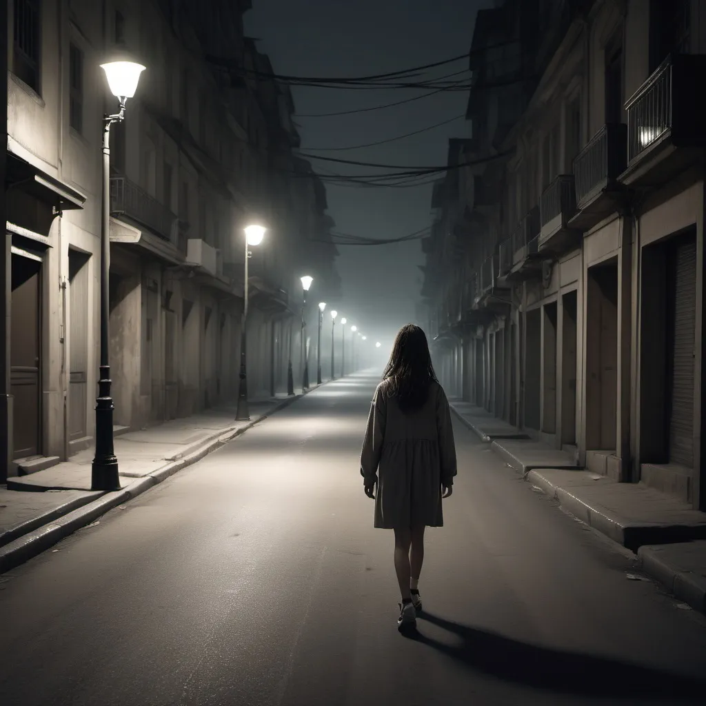 Prompt: the a girl walking slowly through an empty street, with dim streetlights creating a solitary atmosphere.