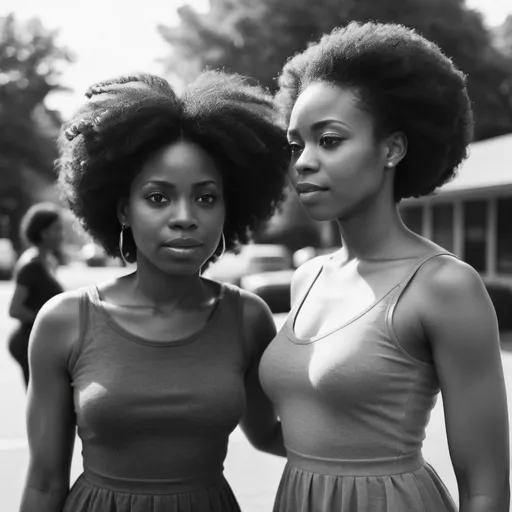 Prompt: generate an image to go with two black women . place them in a scene outside helping one another 
