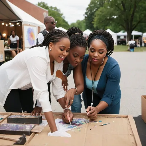 Prompt: black women working together at an art festival helping each other
