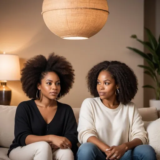 Prompt: Two black women with natural hair, cozy living room setting, genuine expression, comfortable space, casual elegance, authentic emotions, relaxed and genuine, modern decor, serious conversation warm and inviting lighting making eye contact with each other