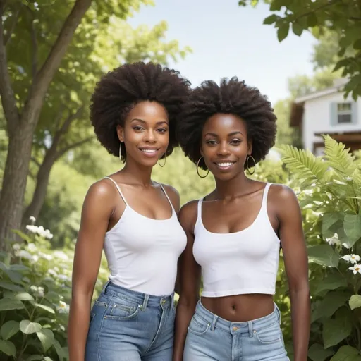 Prompt: generate an image to go with two black women . Place them in a summer scene outside helping one another 
