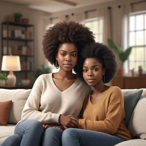 Prompt: Two black women with natural hair, cozy living room setting, genuine expression, detailed facial features, comforting atmosphere, realistic 3D rendering