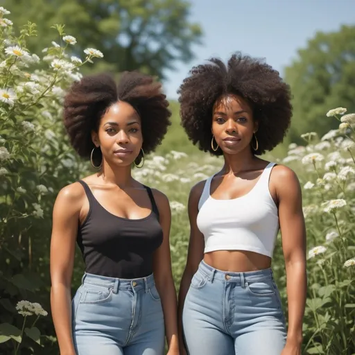Prompt: generate an image to go with two black women . Place them in a summer scene outside  working helping one another 