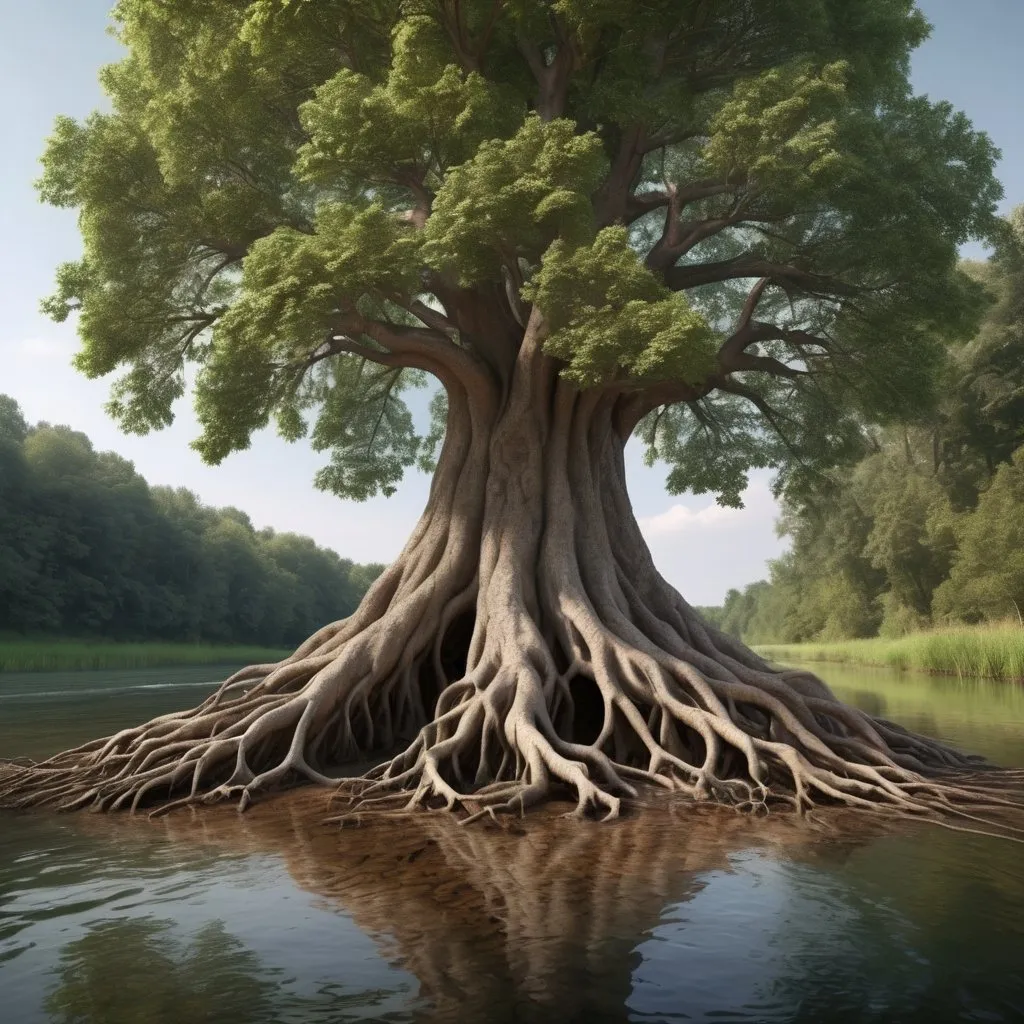 Prompt: A tall wise healthy tree  with roots deeply root by a river