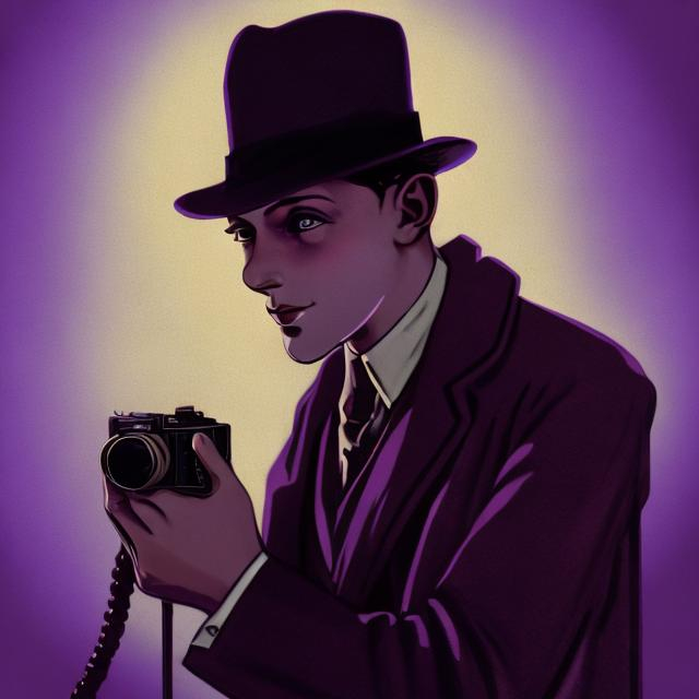 Prompt: young man reporter from 1928, color portrait, 1920s hat, camera, dynamic ,man taking picture, mysterious purple lighting ,color, coat, call of Cthulhu, camera around neck, pencil on ear