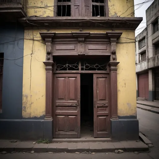 Prompt: An image of an old, abandoned house on a dark, deserted street in Lima, Peru. The house has broken windows and a slightly open door, with an atmosphere of mystery and horror. The image should convey a sense of unease and abandonment.
