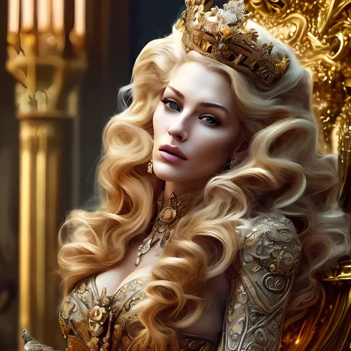 Prompt: ads-luxury, queen with beautiful blonde hair, majestic throne, aggressive lion calmly resting, opulent setting, regal, luxurious, high-end, detailed facial features, royal attire, confident posture, luxurious lifestyle, high quality, opulent, extravagant, dramatic lighting, detailed background, professional, glamorous