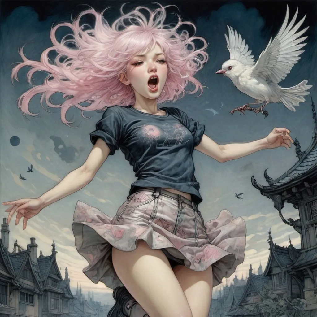 Prompt: Arthur Rackham, James Jean, Surreal, mysterious, strange, fantastical, fantasy, sci-fi, Japanese anime, punk rock miniskirt vocalist beautiful girl, silver pink hair, perfect voluminous body, shouting into the night universe, bird's eye view, detailed masterpiece 