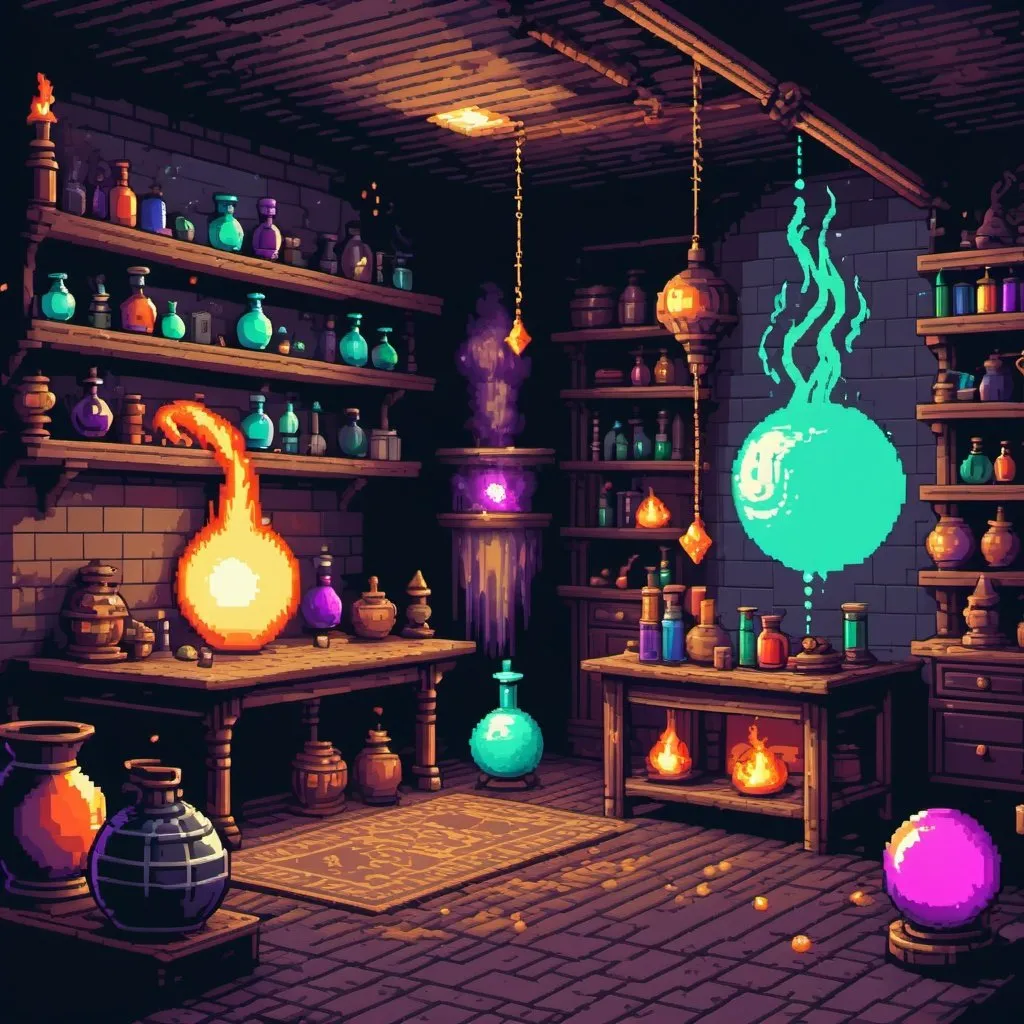 Prompt: 8bit sorcery scene with alchemy, pixel art, retro, magical potion brewing, mystical orbs floating, pixellated wizard casting spells, old-school gaming, vintage color palette, mystical atmosphere, high quality, pixel art, sorcery, alchemy, retro, magical, mystical orbs, pixellated, wizard, vintage, atmospheric lighting