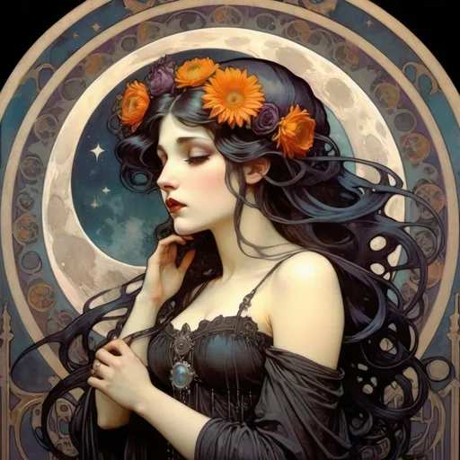 Prompt: Gothic, girl, moon, "les flurs Du mal" 