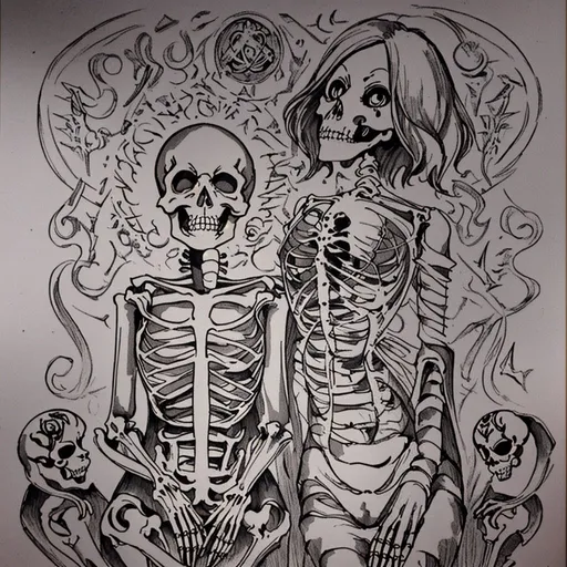 Prompt: Skeletons copulating, tantra, alchemical marriage, alchemical illustration, antique