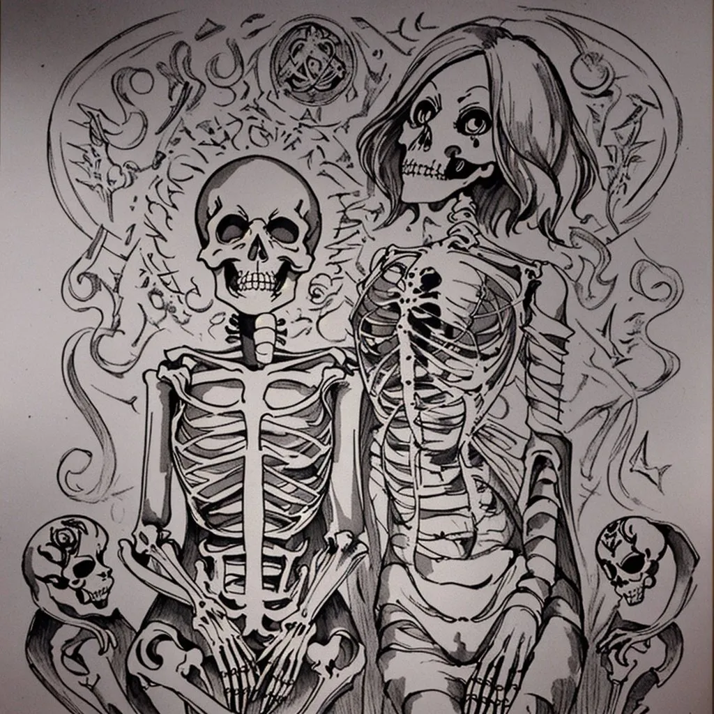 Prompt: Skeletons copulating, tantra, alchemical marriage, alchemical illustration, antique