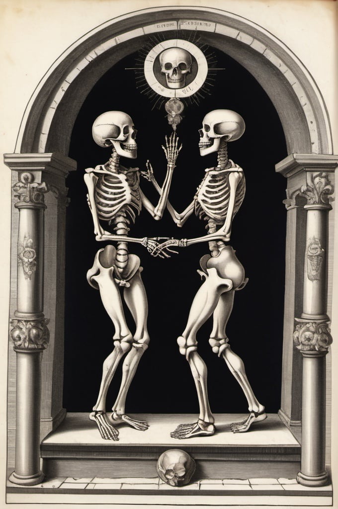 Prompt: Skeletons copulating, tantra, alchemical marriage, alchemical illustration, antique, anatomically correct