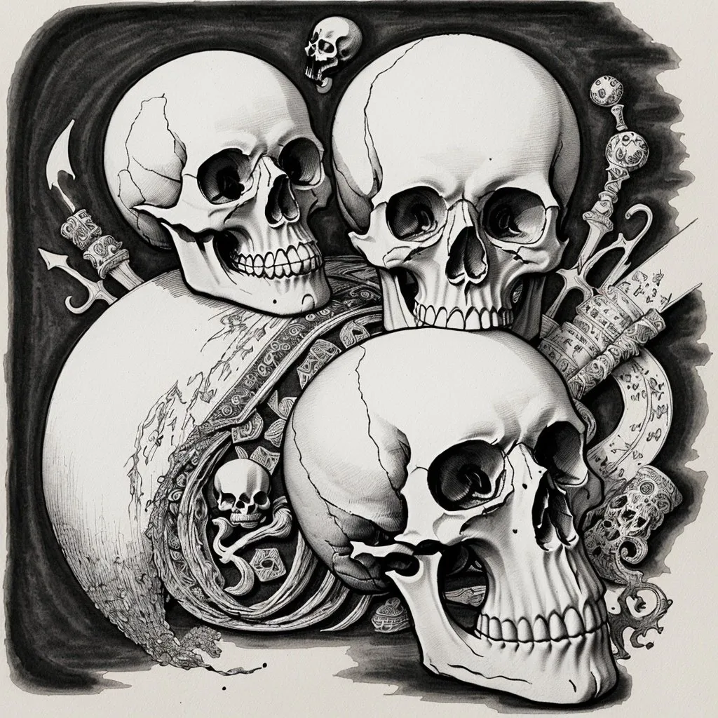 Prompt: Alchemical illustration, emboss, skull, skeleton, intellect, symbolical, eclecticism