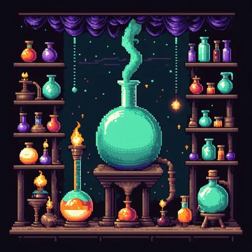 Prompt: 8bit sorcery scene with alchemy, pixel art, retro, magical potion brewing, mystical orbs floating, pixellated wizard casting spells, old-school gaming, vintage color palette, mystical atmosphere, high quality, pixel art, sorcery, alchemy, retro, magical, mystical orbs, pixellated, wizard, vintage, atmospheric lighting