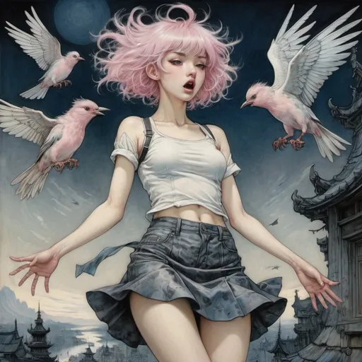 Prompt: Arthur Rackham, James Jean, Surreal, mysterious, strange, fantastical, fantasy, sci-fi, Japanese anime, punk rock miniskirt vocalist beautiful girl, silver pink hair, perfect voluminous body, shouting into the night universe, bird's eye view, detailed masterpiece 