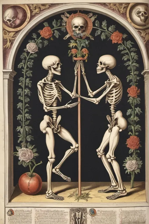 Prompt: Skeletons copulating, tantra, alchemical marriage, alchemical illustration, antique, anatomically correct