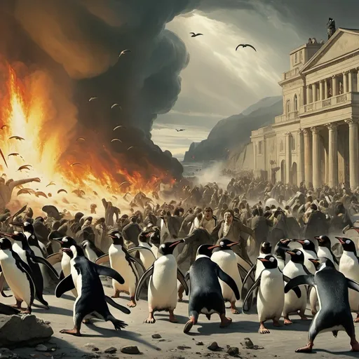 Prompt: Draw crowds of penguins attack Ireland. Group of people runs away in panic, on the background epic battle. neoclassicism, apocalypse, a detailed matte painting