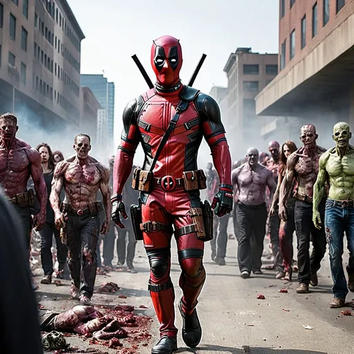 Prompt: deadpool walking through the zombie appocolypse with the avengers
