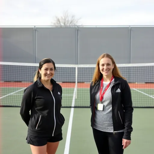 Prompt: two women standing on a tennis court with a gray wall behind them and a white tennis court net behind them, Daryush Shokof, danube school, award, a photocopy